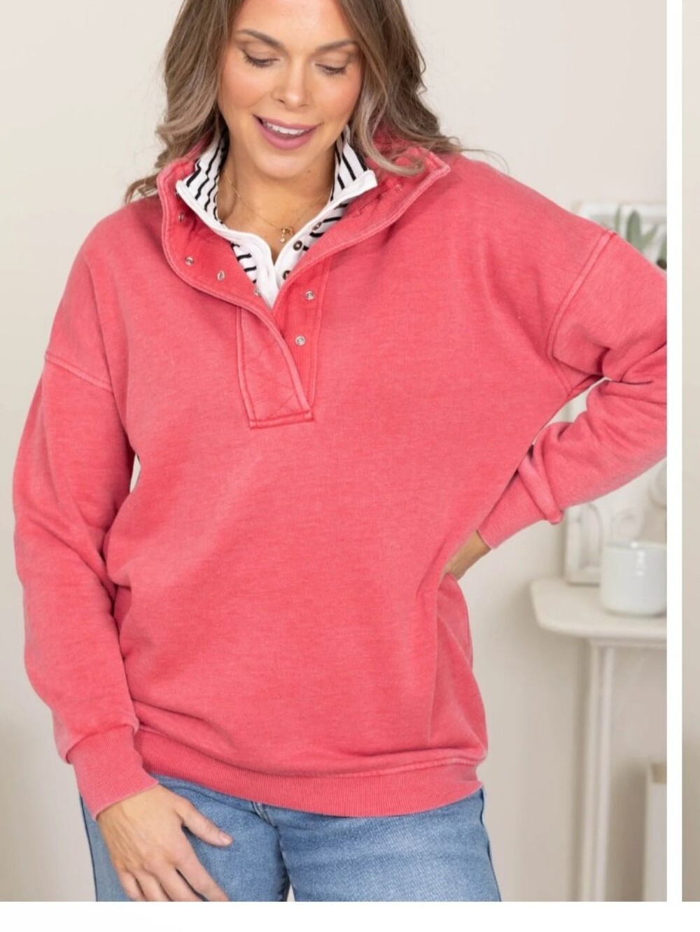 Filly Flair Coral Snap-Front Funnel Neck Sweatshirt